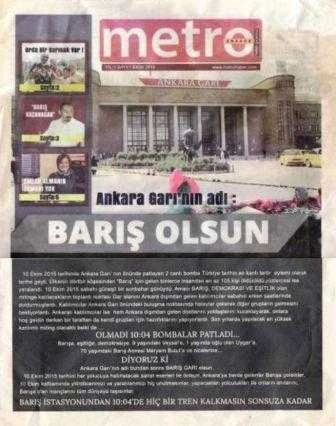 Metro Ankara Haber Gazetesi Sayı: 1 Ekim 2015 / Ankara Garı'nın Adı: BARIŞ olsun ürün görseli 1