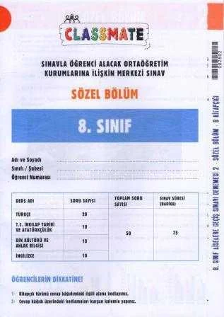 Classmate Yayınları 8. Sınıf Sınavla Öğrenci Alacak Ortaöğretim Kurumlarına İlişkin Merkezi Sınav / Sınav Denemesi 2 Sözel Bölüm B Kitapçığı ürün görseli 1