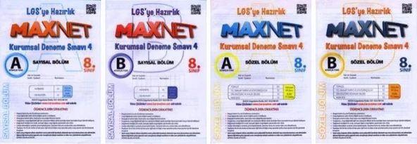 8. Sınıf Maxnet LGS'ye Hazırlık Kurumsal Deneme Sınavı 4 Sayısal Bölüm A - B + Sözel Bölüm A + B Kitapçığı (4 Kitap Takım) ürün görseli 1