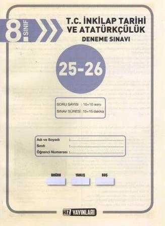 Hız Yayınları 8. Sınıf T.C. İnkılap Tarihi ve Atatürkçülük Deneme Sınavı 25-26 ürün görseli 1