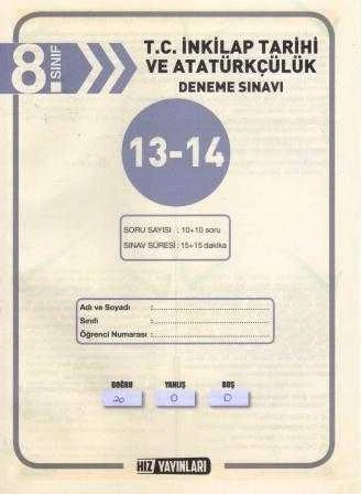 Hız Yayınları 8. Sınıf T.C. İnkılap Tarihi ve Atatürkçülük Deneme Sınavı 13-14 ürün görseli 1