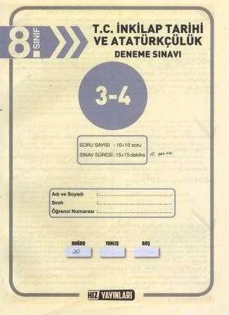 Hız Yayınları 8. Sınıf T.C. İnkılap Tarihi ve Atatürkçülük Deneme Sınavı 3-4 ürün görseli 1