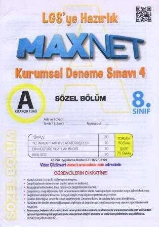 8. Sınıf Maxnet LGS'ye Hazırlık Kurumsal Deneme Sınavı 4 Sözel Bölüm A Kitapçığı ürün görseli 1