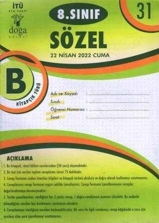 8. Sınıf Sözel B Kitapcık Türü Nisan 2022 Deneme No: 31 ürün görseli 1