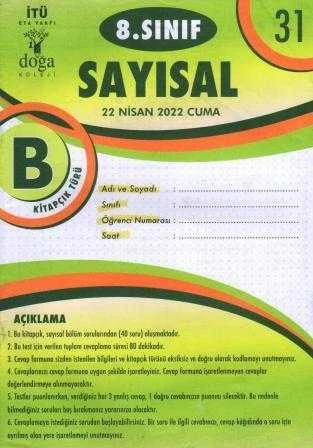 8. Sınıf Sayısal B Kitapcık Türü Nisan 2022 Deneme No: 31 ürün görseli 1