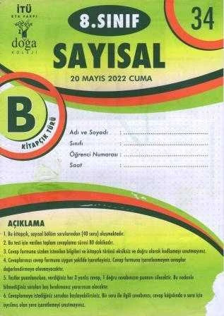 8. Sınıf Sayısal B Kitapcık Türü Mayıs 2022 Deneme No: 34 ürün görseli 1