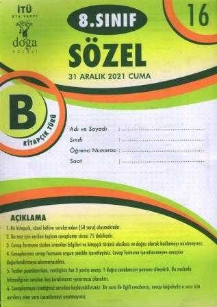 8. Sınıf Sözel B Kitapcık Türü Aralık 2021 Deneme No: 16 ürün görseli 1