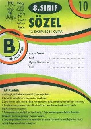 8. Sınıf Sözel B Kitapcık Türü Kasım 2021 Deneme No: 10 ürün görseli 1