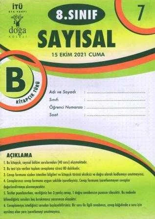 8. Sınıf Sayısal B Kitapcık Türü Ekim 2021 Deneme No: 7 ürün görseli 1