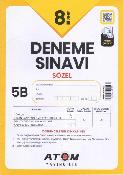 Atom Yayınları 8. Sınıf Sözel Deneme Sınavı 5 B Kitapçığı ürün görseli 1