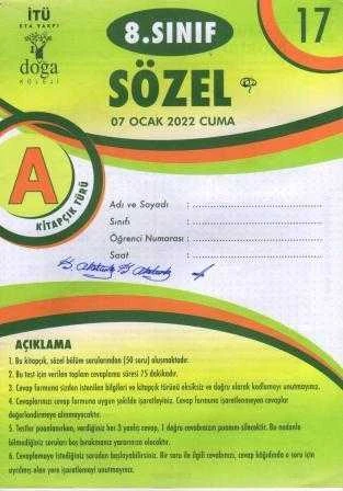 8. Sınıf Sözel A Kitapcık Türü Ocak 2022 Deneme No: 17 ürün görseli 1