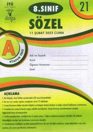 8. Sınıf Sözel A Kitapcık Türü Şubat 2022 Deneme No: 21 ürün görseli 1