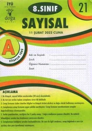 8. Sınıf Sayısal A Kitapcık Türü Şubat 2022 Deneme No: 21 ürün görseli 1