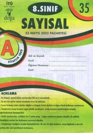 8. Sınıf Sayısal A Kitapcık Türü Mayıs 2022 Deneme No: 35 ürün görseli 1