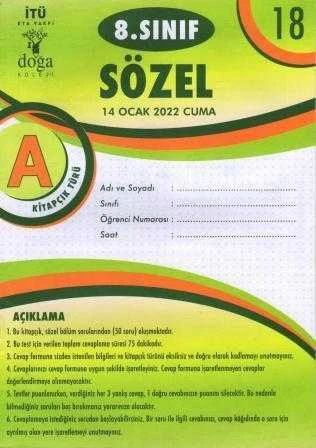 8. Sınıf Sözel A Kitapcık Türü Ocak 2022 Deneme No: 18 ürün görseli 1