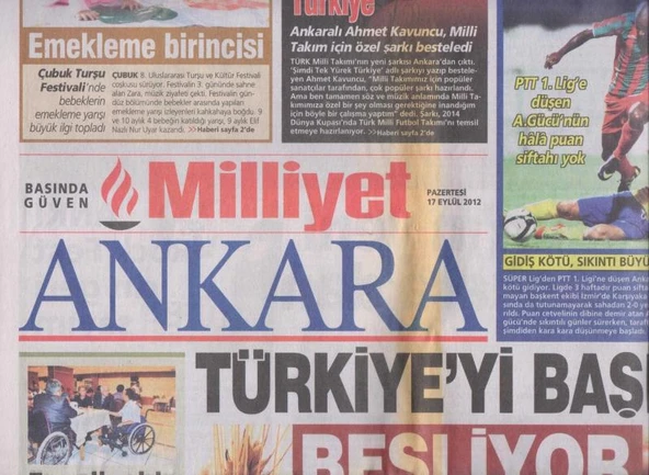 Milliyet Gazetesi Ankara Eki 18 Eylül 2012 Salı Tam ve Eksiksiz ürün görseli 1
