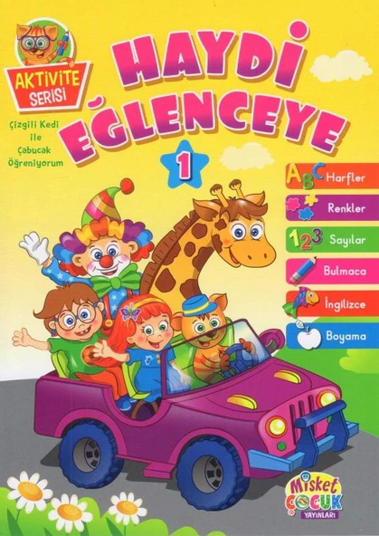 Aktivite Serisi - Haydi Eğlenceye 1 - 2013 Yılı 1. Hamur Beyaz Kağıda, Renkli, Resimli İlk Baskısı - Çizgili Kedi İle Çabucak Öğreniyorum (Harfler, Renkler, Sayılar, Bulmaca, İngilizce, Boyama) ürün görseli 1