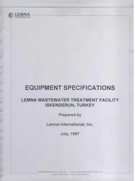 Equipment Specifications - Lemna Wastewater Treatment Facility İskenderun, Turkey - Prepared By Lemna International, Inc. - 1997 Yılı Deri Ciltli, Klasör Halinde İlk Baskısı ürün görseli 1