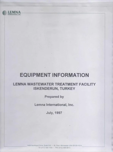 Equipment Information - Lemna Wastewater Treatment Facility İskenderun, Turkey - Prepared By Lemna International, Inc. - 1997 Yılı Renkli, Resimli, Deri Ciltli, Klasör Halinde İlk Baskısı ürün görseli 1