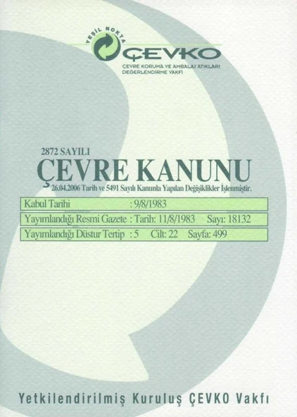 2872 Sayılı Çevre Kanunu - 26/4/2006 Tarih ve 5491 Sayılı Kanunla Yapılan Değişiklikler İşlenmiştir ürün görseli 1
