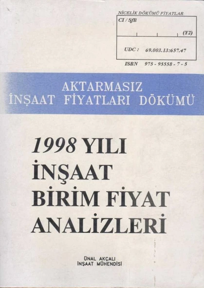 Aktarmasız İnşaat Fiyatları Dökümü 1998 Yılı İnşaat Birim Fiyat Analizleri ürün görseli 1