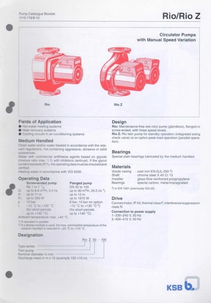 KSB Rio/Rio Z - Circulator Pumps With Manual Speed Variation - Kuşe Kağıda, Renkli, Resimli Baskısı ürün görseli 1