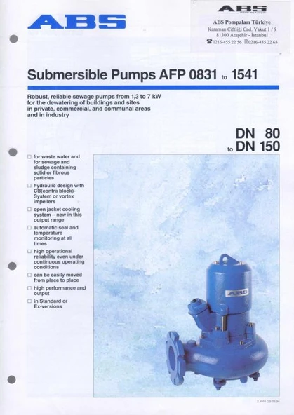 ABS Submersible Pumps AFP 0831 to 1541 - DN 80 to DN 150 - Kuşe Kağıda, Renkli, Resimli, İlk Baskısı ürün görseli 1