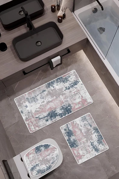 Bambu Kumaş Kaymaz Tabanlı Yıkanabilir 3'lü Klozet Takımı Dijital Baskı Banyo Paspas Seti BKLZ0004 RENKLİ 60 X 100 ürün görseli 1