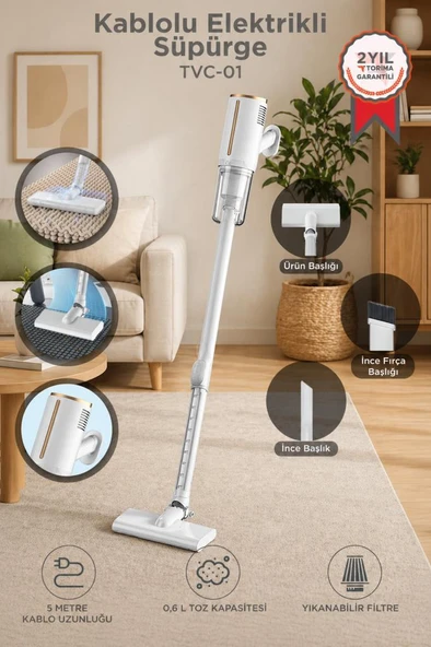 Dikey Süpürge Elektrikli 600W Vakum Süpürge TVC01 Beyaz ürün görseli 1