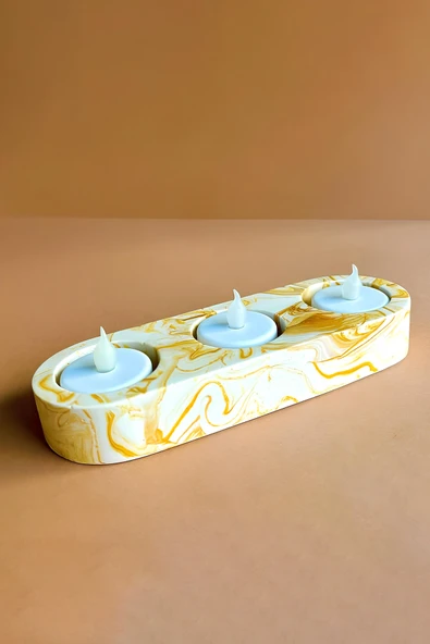 Betonmall El Yapımı Sarı Mermer Desenli Beton Tealight Mumluk - Şamdan ve Dekoratif Masa Mumluğu ürün görseli 1