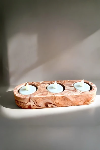 Betonmall Kahverengi Mermer Desenli 3 Gözlü Beton Mumluk - Minimalist Tealight ve Dekoratif Şamdan ürün görseli 1
