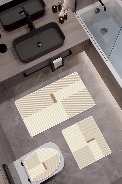 Bambu Kumaş Kaymaz Tabanlı Yıkanabilir 3'lü Klozet Takımı Dijital Baskı Banyo Paspas Seti BKLZ0001 RENKLİ 60 X 100 ürün görseli 1