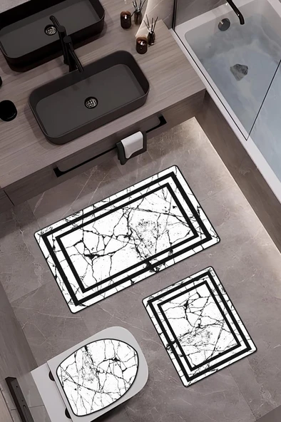 Bambu Kumaş Kaymaz Tabanlı Yıkanabilir 3'lü Klozet Takımı Dijital Baskı Banyo Paspas Seti BKLZ0005 RENKLİ 60 X 100 ürün görseli 1