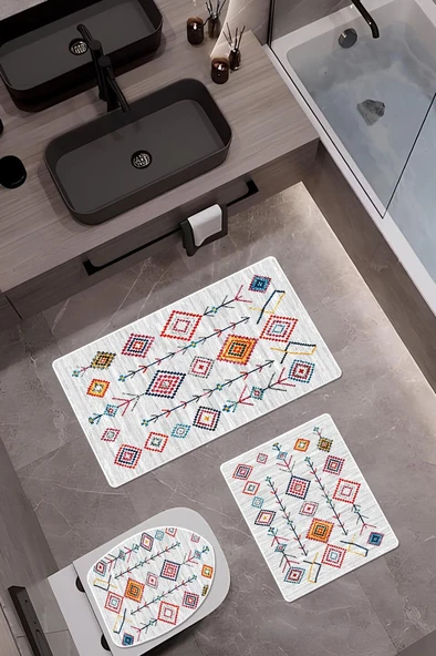 Bambu Kumaş Kaymaz Tabanlı Yıkanabilir 3'lü Klozet Takımı Dijital Baskı Banyo Paspas Seti BKLZ0006 RENKLİ 60 X 100 ürün görseli 1