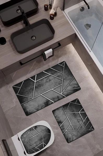 Bambu Kumaş Kaymaz Tabanlı Yıkanabilir 3'lü Klozet Takımı Dijital Baskı Banyo Paspas Seti BKLZ0007 RENKLİ 60 X 100 ürün görseli 1