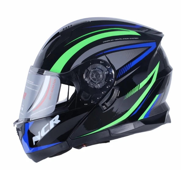 KASK ÇENE AÇILIR VİSORLÜ A KALİTE 162 ECE BELGELİ- NEON MAVİ YEŞİL GRAFİK ürün görseli 1
