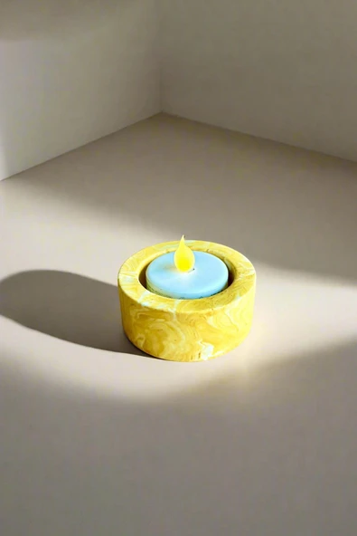 Betonmall Dekoratif Sarı Mermer Desenli Beton Şamdan - El Yapımı Tealight Mumluk 3 Adet ürün görseli 1