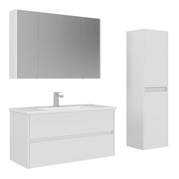 Orka Arno 100 cm Parlak Beyaz Çekmeceli Banyo Dolabı Takımı ve Boy Dolabı ürün görseli 1
