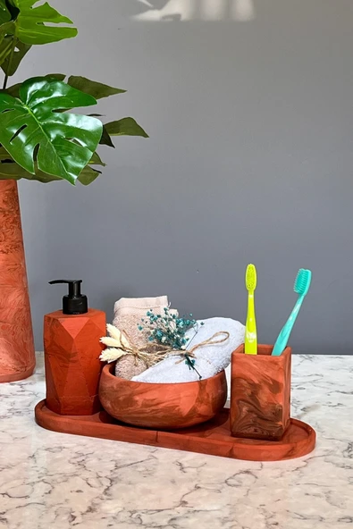 Betonmall 4'lü Terracotta Serisi Mermer Desenli Beton Banyo Seti Tuvalet Wc Sıvı Sabunluk Diş Fırçalığı Takım ürün görseli 1