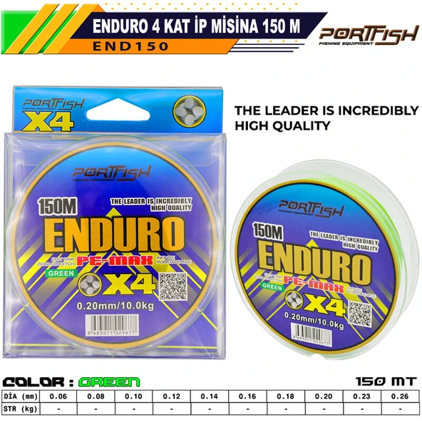 Portfish Enduro 4 Kat İp Misina 150 mt Yeşil  0,08mm ürün görseli 1