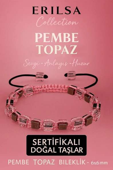 Sertifikalı Doğal Terahertz - Pembe Topaz Taşı Bileklik 6x6 mm - Sevgi ve Huzur Taşı ürün görseli 1