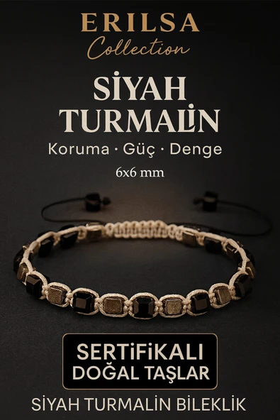 Sertifikalı Doğal Terahertz - Siyah Turmalin Taşı Bileklik 6x6 mm - Koruma ve Denge Taşı ürün görseli 1