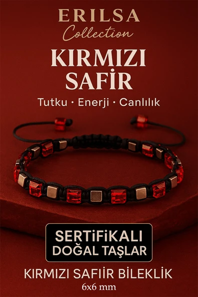Sertifikalı Doğal Terahertz - Kırmızı Safir Taşı Bileklik 6x6 mm - Tutku ve Güç Taşı ürün görseli 1