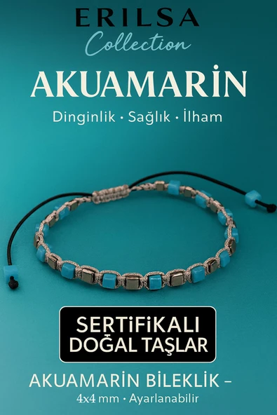 Sertifikalı Doğal Terahertz - Akuamarin Taşı Bileklik 4x4 mm - Dinginlik Sağlık ve İletişim Taşı ürün görseli 1