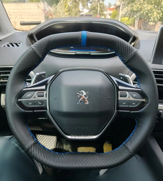 DİKİŞLİ DİREKSİYON KILIFI KARBON DERİ NOKTALI DERİ MAVİ YÜZÜK MAVİ DİKİŞLİ PEUGEOT 3008 2008 ürün görseli 1
