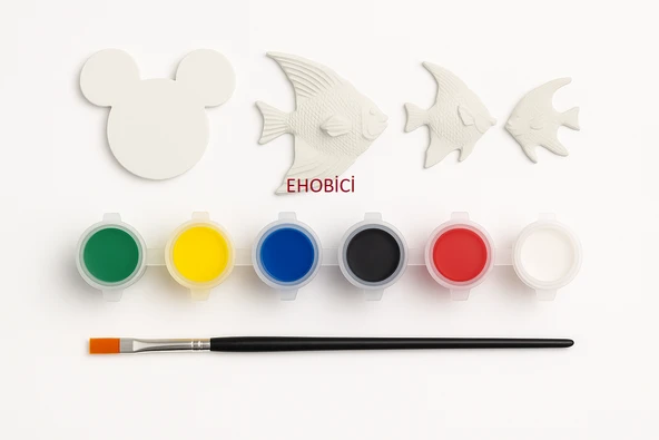 Ehobici Taş Boyama Seti Balıklar ve Mickey Mouse 6 Renk Akrilik Boya 5ml + Fırça ürün görseli 1