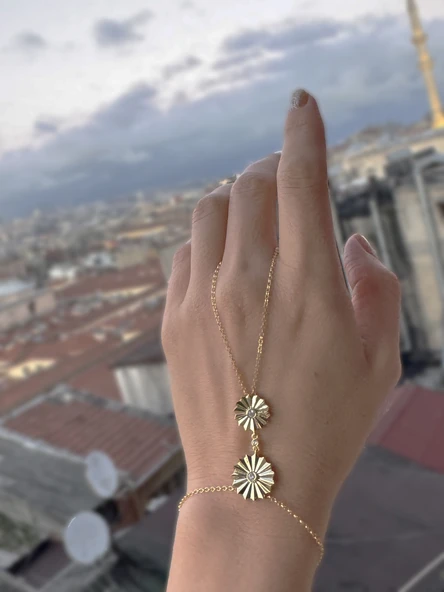 Taşsız İkili Papatya Desenli Gümüş Şahmeran Bileklik - Gold ürün görseli 1