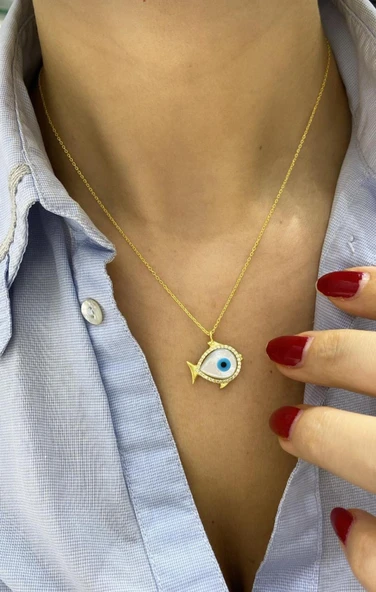 Opal Taşlı Balık Gümüş Kolye - Gold Renk ürün görseli 1