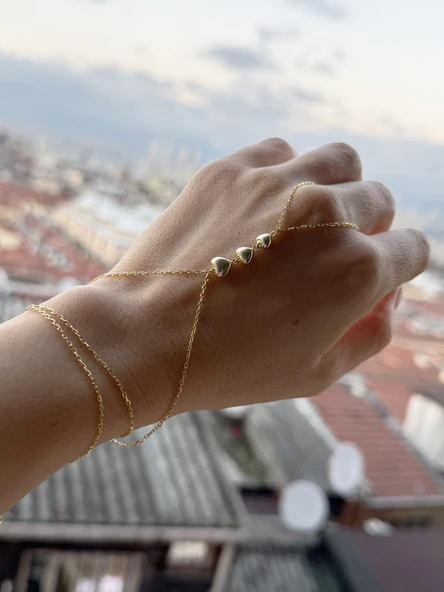 Şık 3 Sıra Kalp Model Gümüş Şahmeran Bileklik (Taşsız) - Gold ürün görseli 1