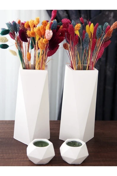 Betonmall Geometrik Uzun Vazo 20 Cm Ve Geometrik Tealight Mumluk Set (4 PARÇA) Ham Beyaz ürün görseli 1